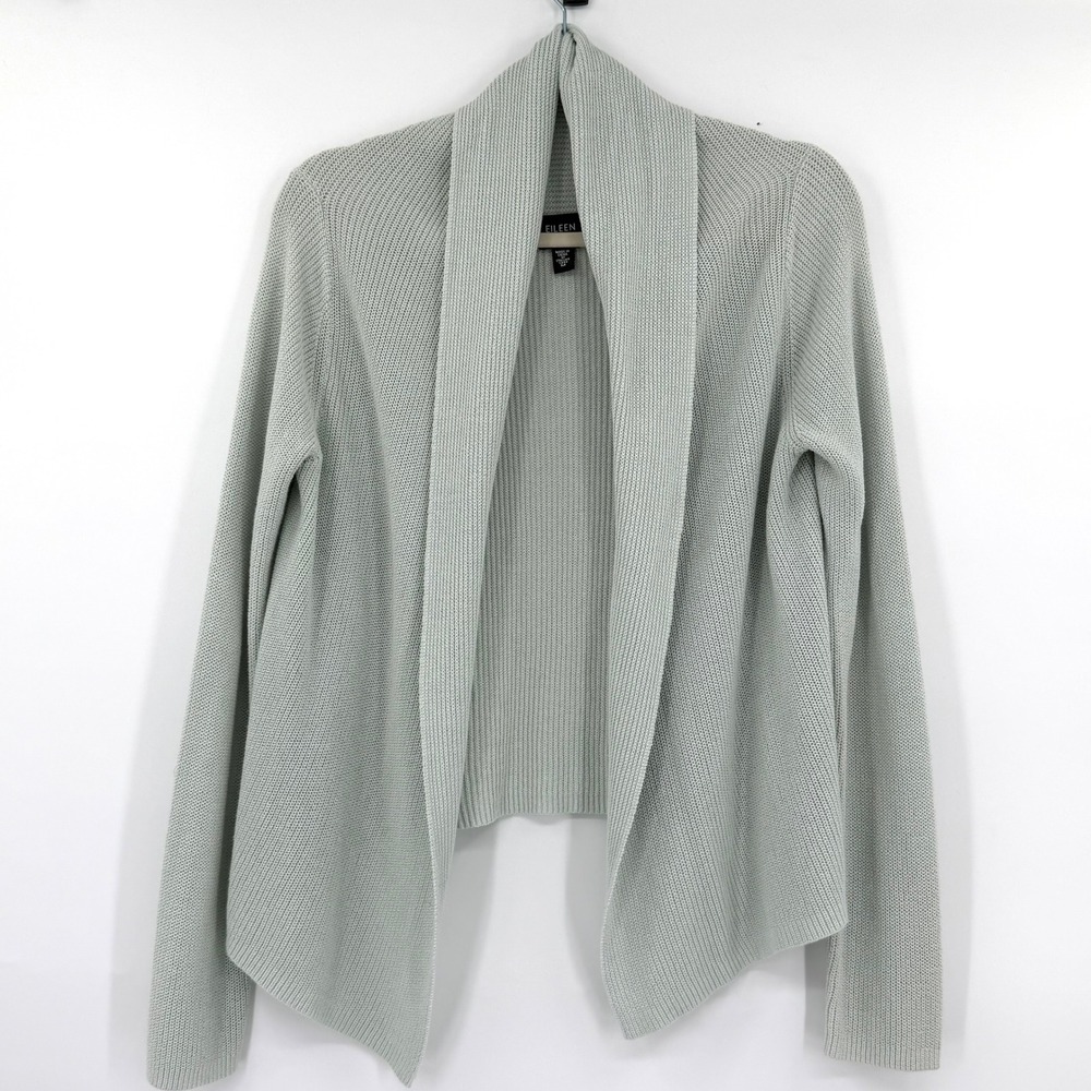 Eileen Fisher Cotton Silk Sage Green Draped Open Front Cardigan Medium